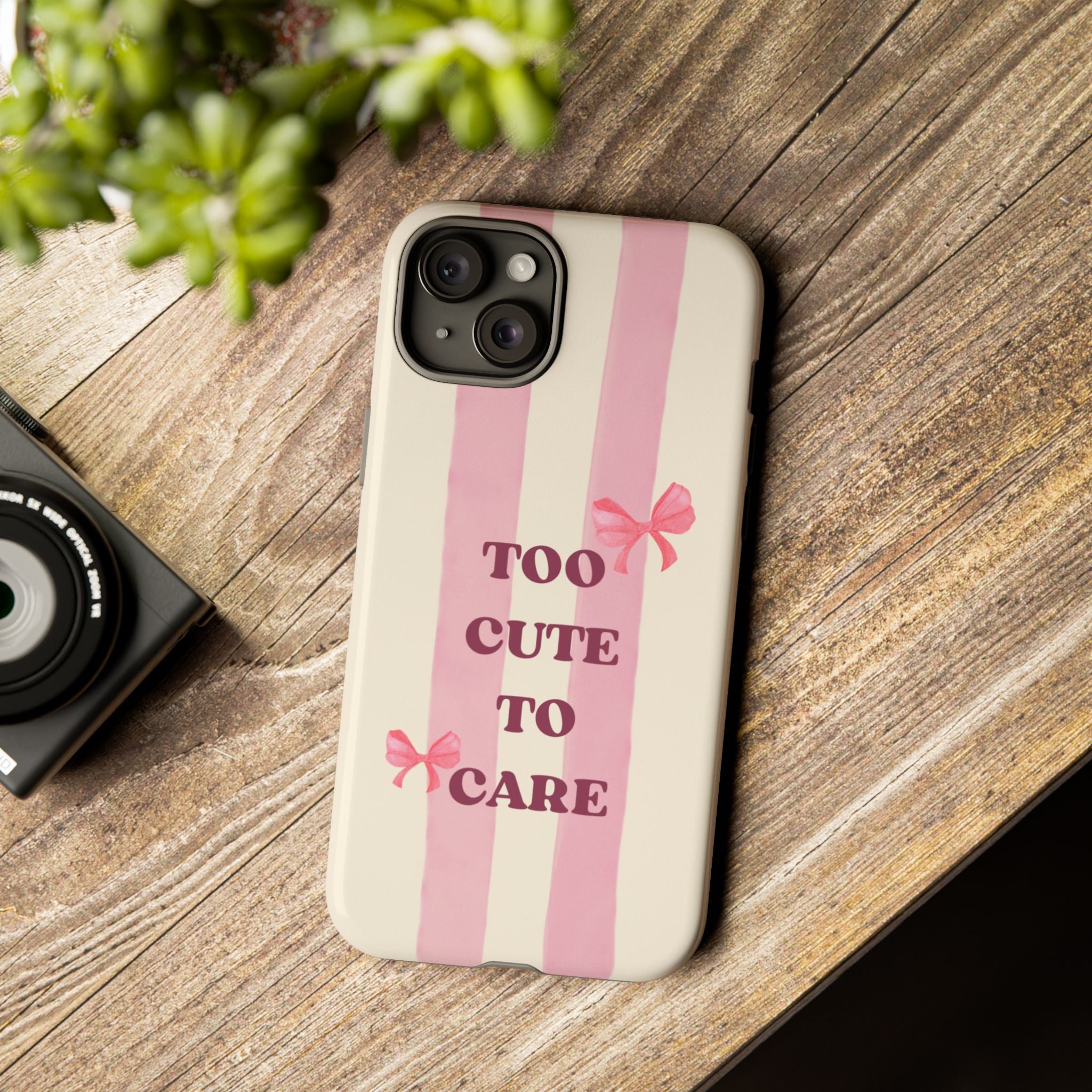 Phone Case – "Too Cute To Care" Pink Stripes & Bows Protective Case