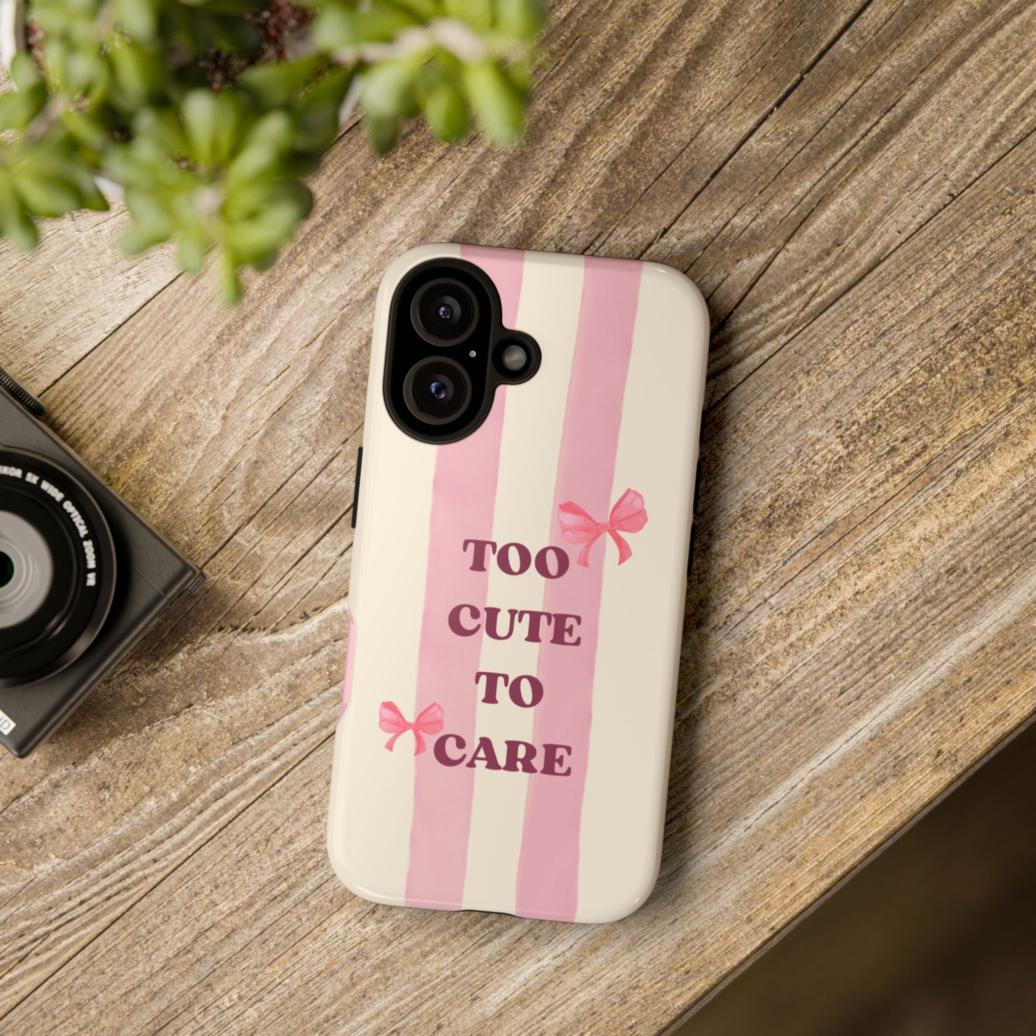 Phone Case – "Too Cute To Care" Pink Stripes & Bows Protective Case