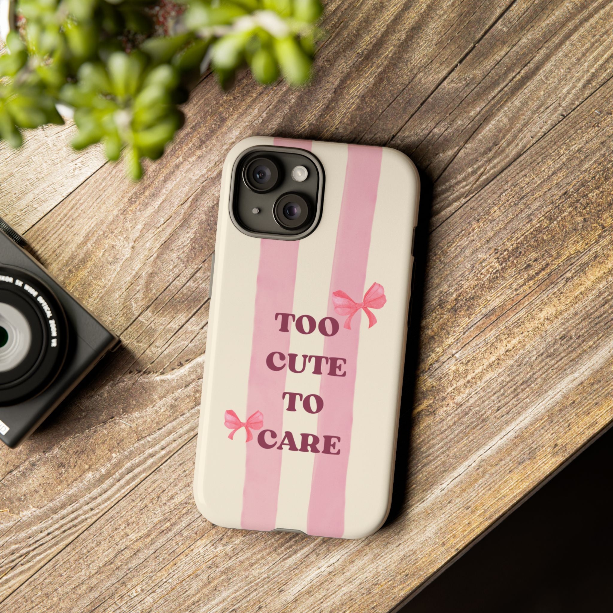 Phone Case – "Too Cute To Care" Pink Stripes & Bows Protective Case