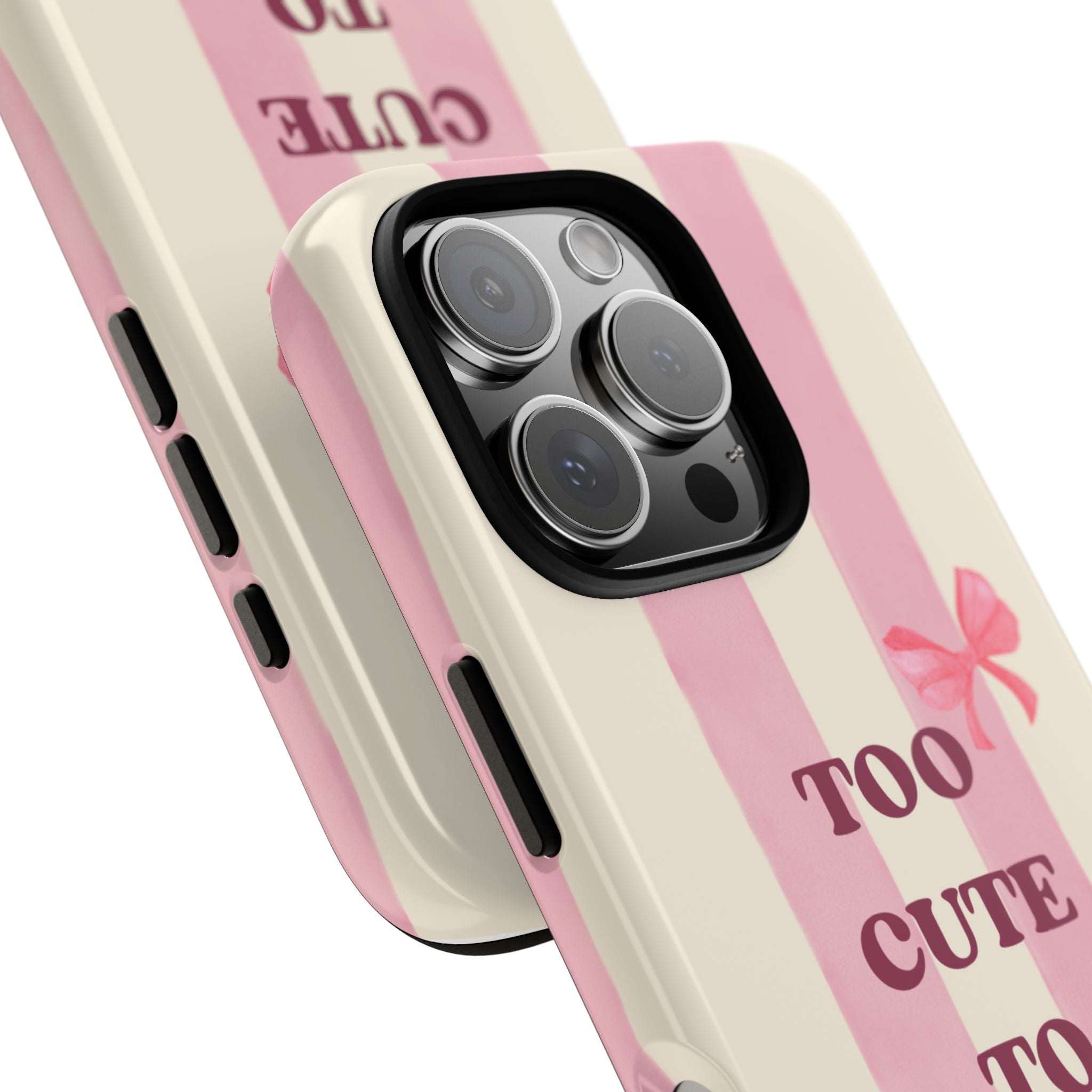 Phone Case – "Too Cute To Care" Pink Stripes & Bows Protective Case