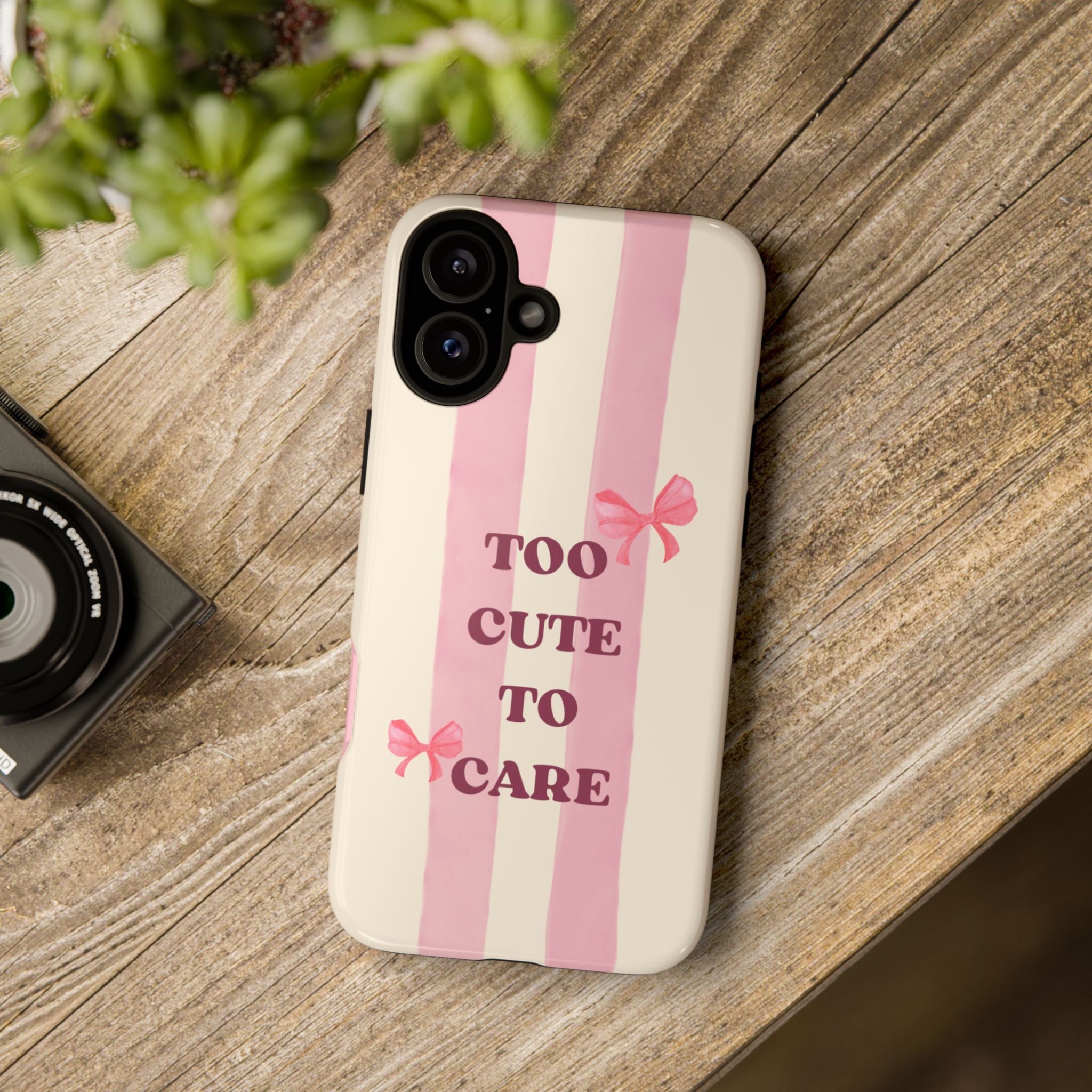 Phone Case – "Too Cute To Care" Pink Stripes & Bows Protective Case