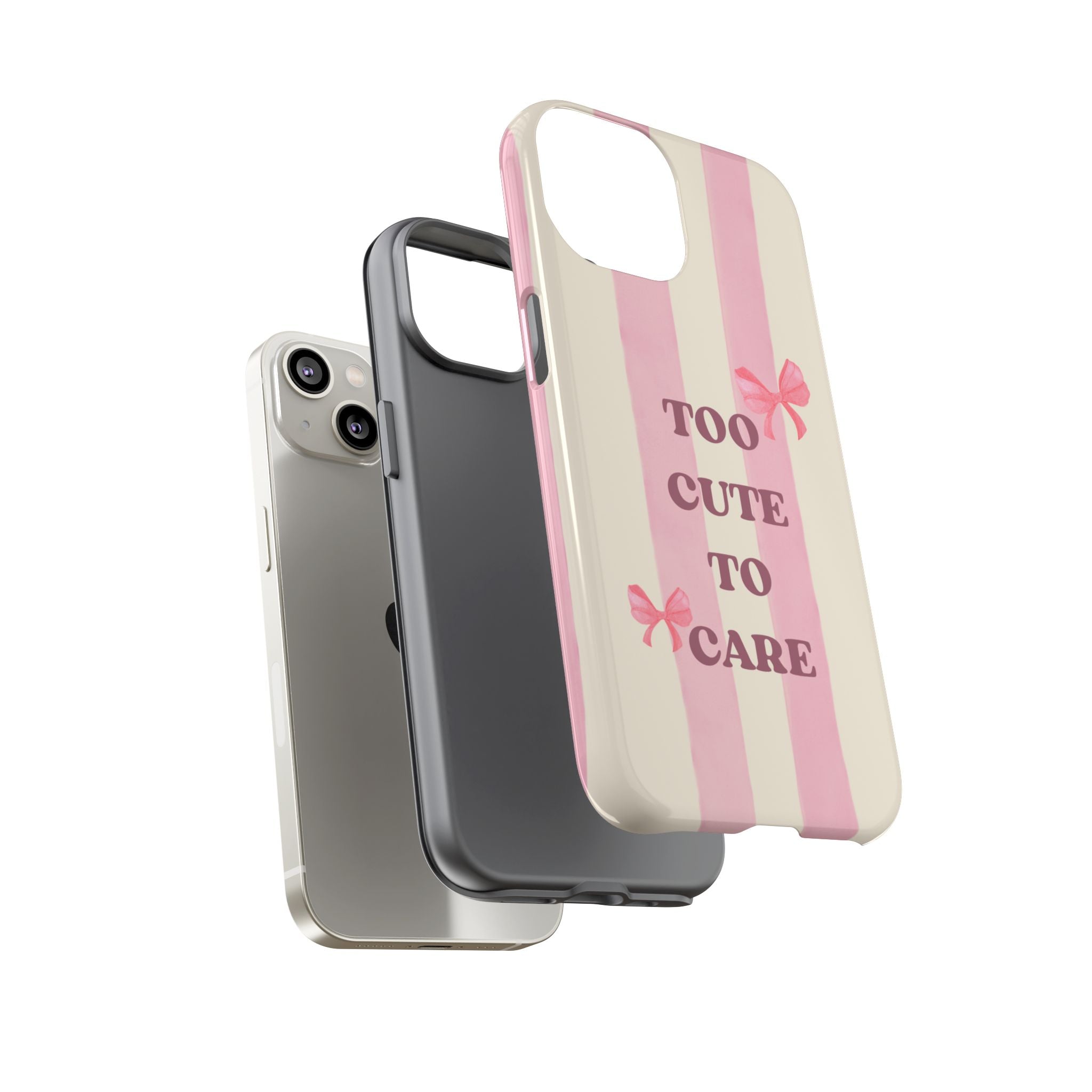 Phone Case – "Too Cute To Care" Pink Stripes & Bows Protective Case
