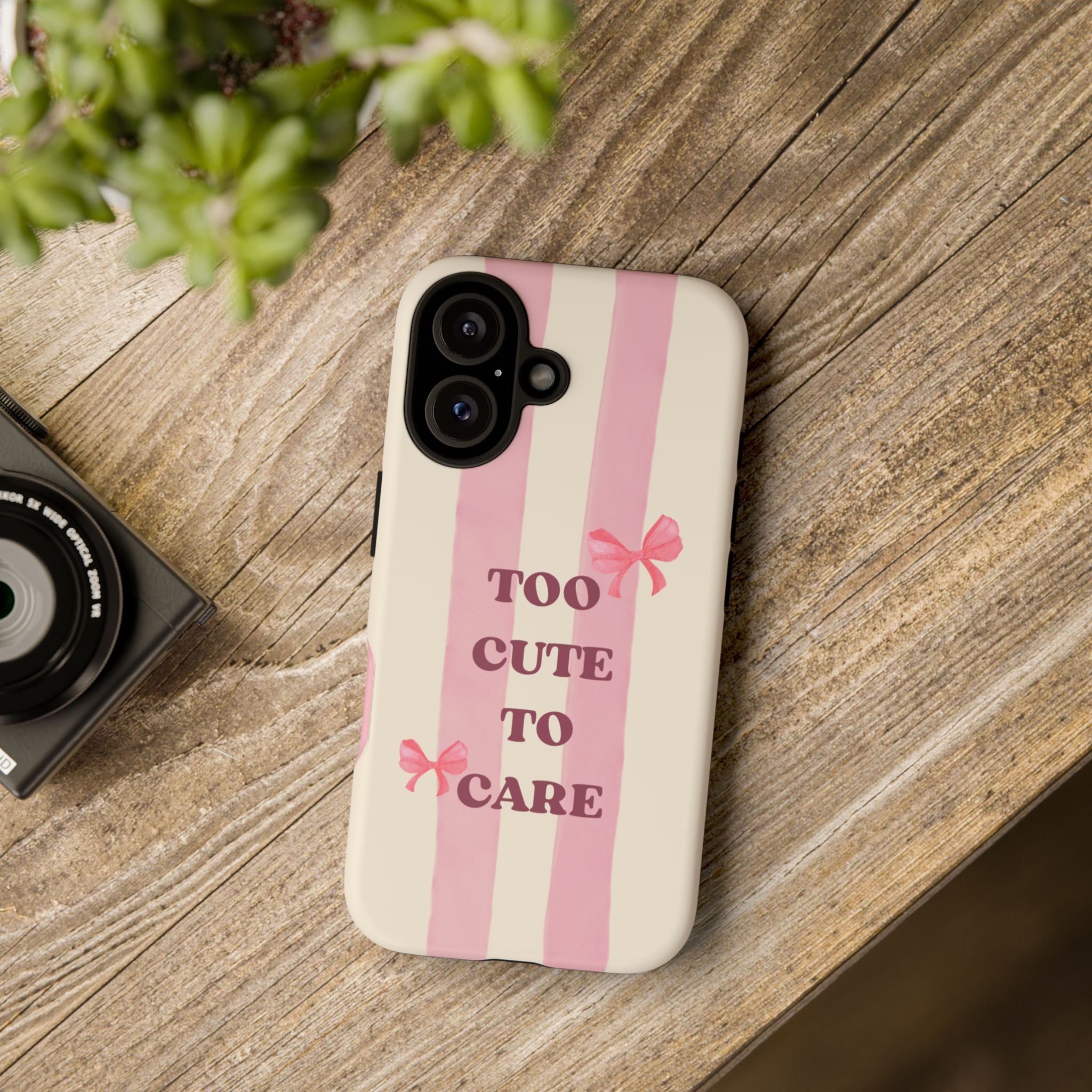 Phone Case – "Too Cute To Care" Pink Stripes & Bows Protective Case